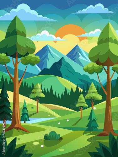 Trees vector landscape background depicts a serene forest scene with towering trees, lush vegetation, and a clear blue sky.