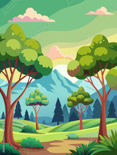 A vector landscape background adorned with majestic trees.