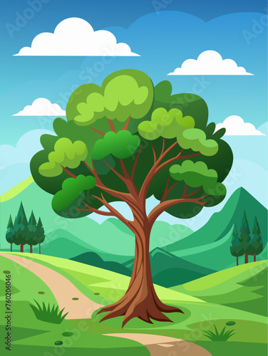 Tree vector landscape background featuring a lush green forest with towering trees and a blue sky.