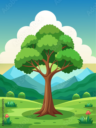 Tree vector landscape background featuring a lush green forest with towering trees and a blue sky.