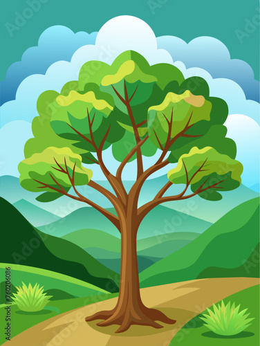 A serene tree stands tall amidst a rolling green landscape under a clear blue sky.