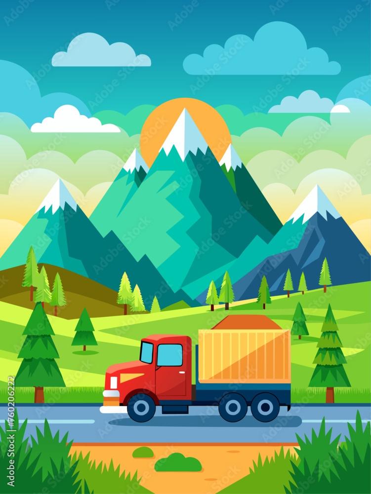 Truck vector landscape background featuring a scenic countryside with rolling hills, fields, and a winding road.