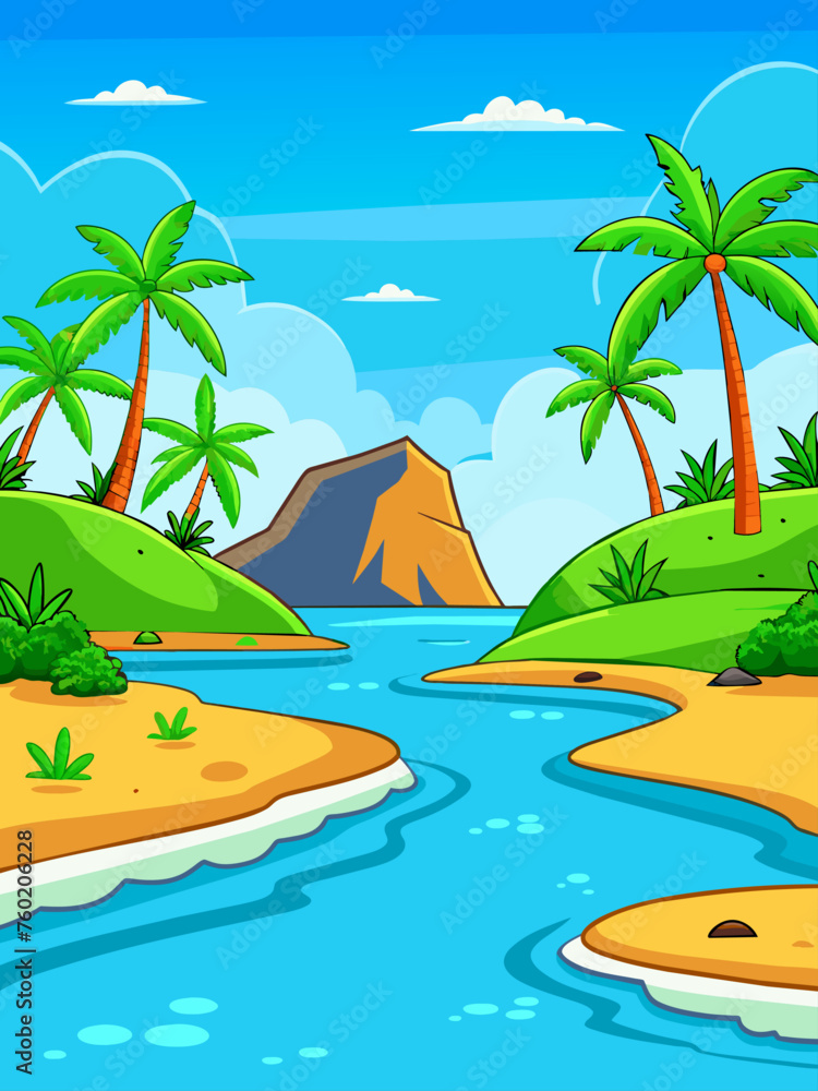 Tropical vector water landscape background with palm trees, blue water, and white sand.