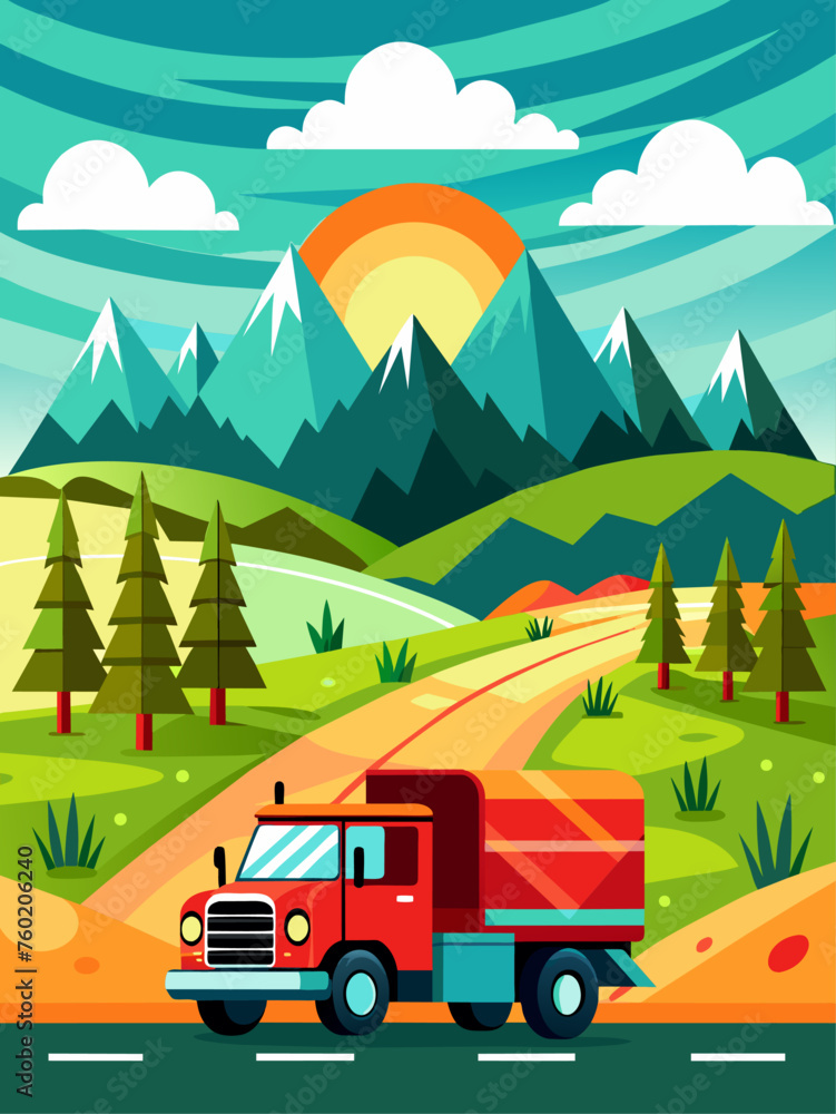 A blue truck travels down a winding road amidst a scenic natural landscape.