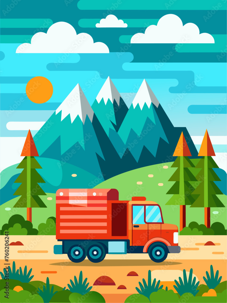 Obraz premium A blue truck drives down a winding road, surrounded by lush trees and a bright blue sky.