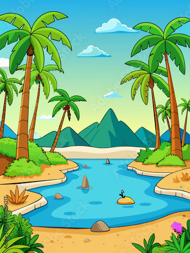 A tropical vector water landscape background with palm trees and a beach.