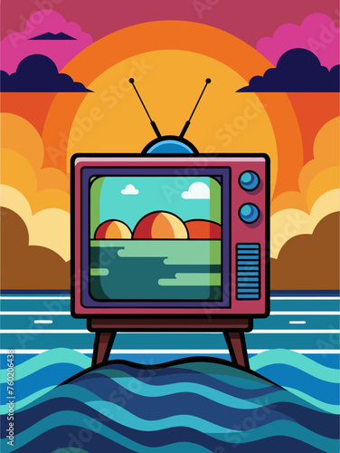 The water in the background of the TV looks like a clear, sparkling lake.