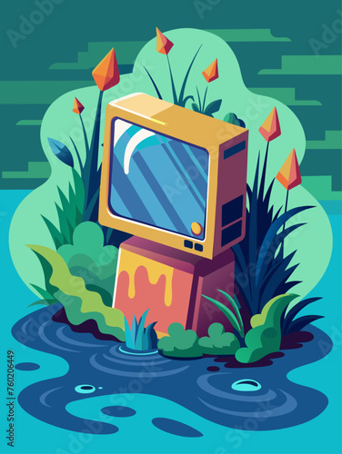 The water in the background of the TV looks like a clear, sparkling lake.
