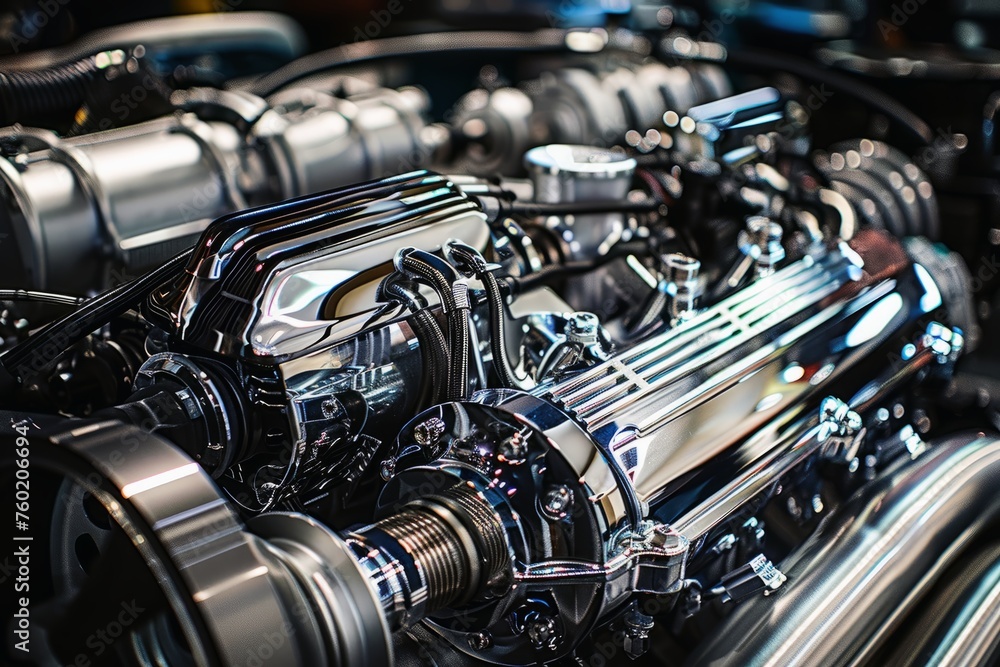 A close up shot of a meticulously maintained engine with chrome accents.