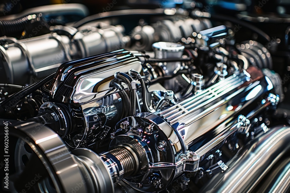 A close up shot of a meticulously maintained engine with chrome accents. A close up shot of a meticulously maintained engine with chrome accents.