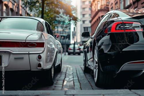 A classic car parked next to a modern electric car the evolution of automotive technology. © Nicole