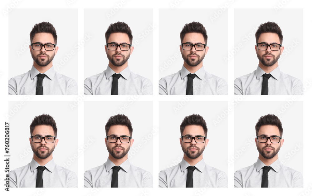 Passport photo, collage. Man on white background, set of photos Passport photo, collage. Man on white background, set of photos