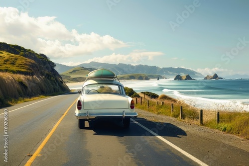 A classic car on a scenic coastal road with a surfboard strapped to the roof.