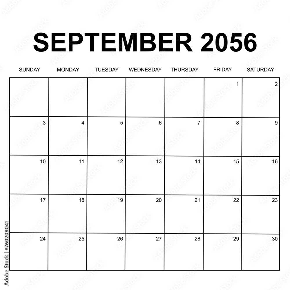 september 2056. monthly calendar design. week starts on sunday. printable, simple, and clean vector design isolated on white background. - obrazy, fototapety, plakaty 