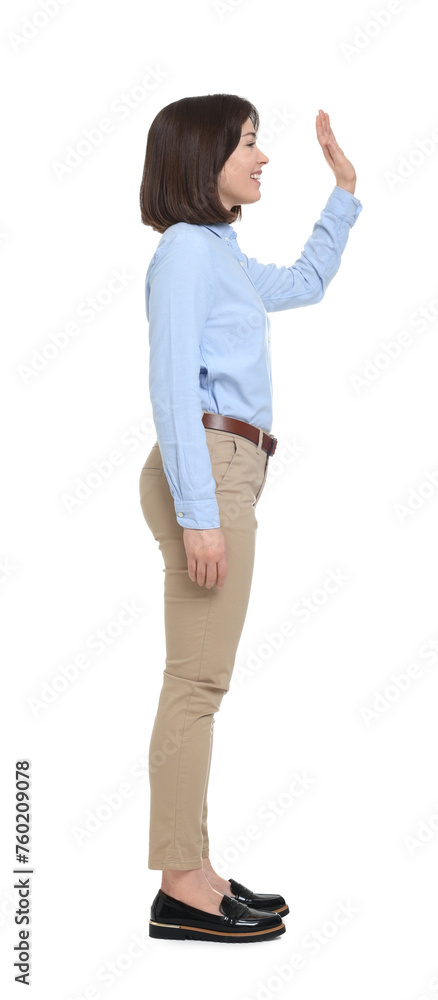 Happy businesswoman in blue shirt and beige pants on white background Happy businesswoman in blue shirt and beige pants on white background