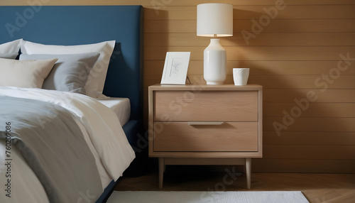 Decorative nightstand near the bed against a wooden panel