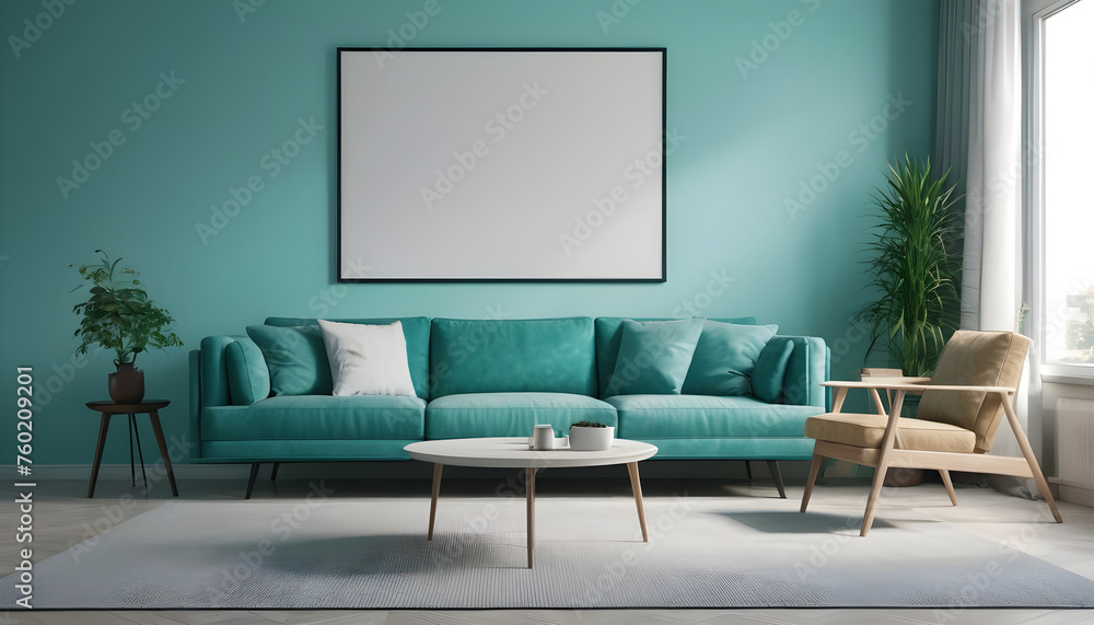 turquoise sofa and big posters interior design