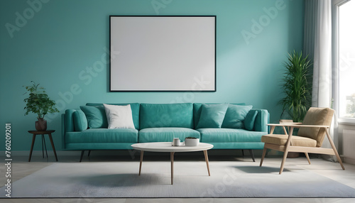 turquoise sofa and big posters interior design