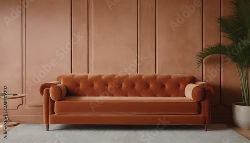 Terracotta velvet sofa near wooden panels
