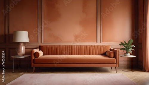 Terracotta velvet sofa near wooden panels