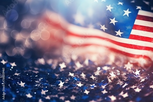 A blurred festive background with fireworks in the color of the American flag. The United States of America The flag of the United States on the background of fireworks on July 4th photo