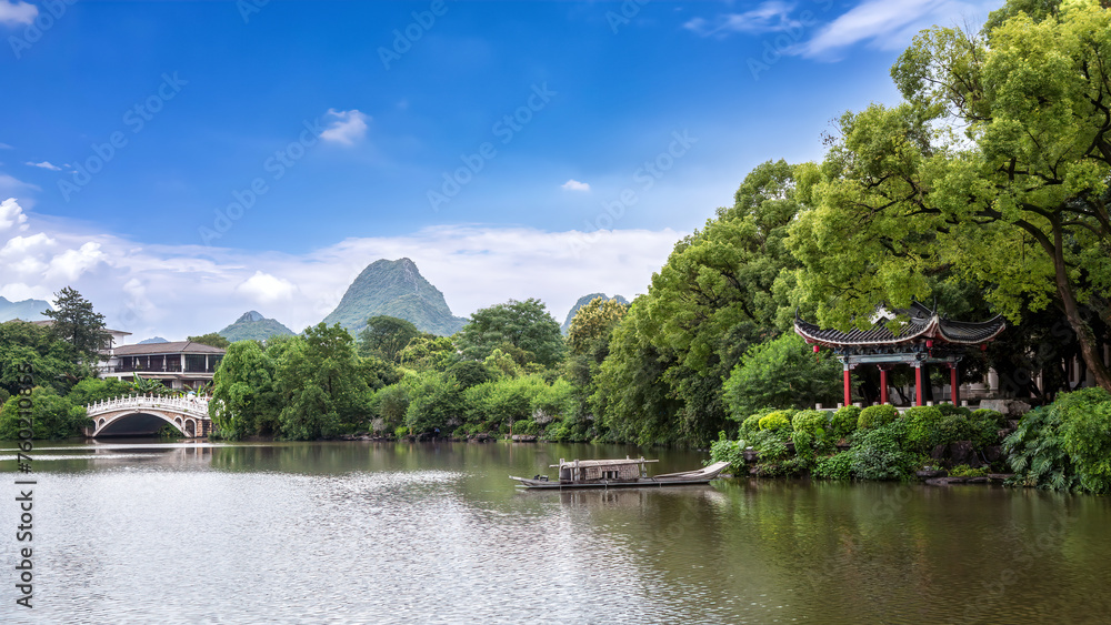Tranquil Lake View with Chinese Pavilion and Bridge