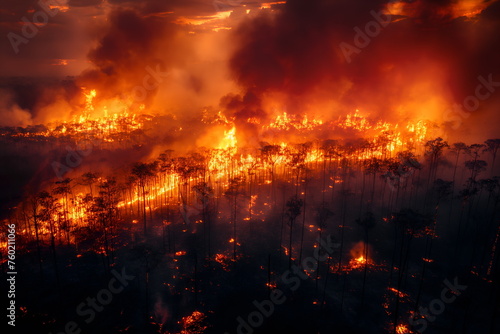 A forest on fire, the burning trees in flames. Orange and red hues against black night sky. Large scale natural disaster. Night sky. Fiery landscape