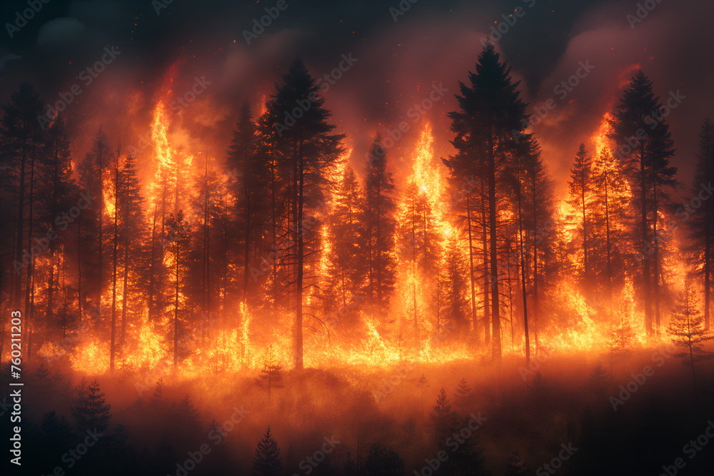  A forest on fire, the burning trees in flames. Orange and red hues against black night sky.  Large scale natural disaster. Night sky.  Fiery landscape