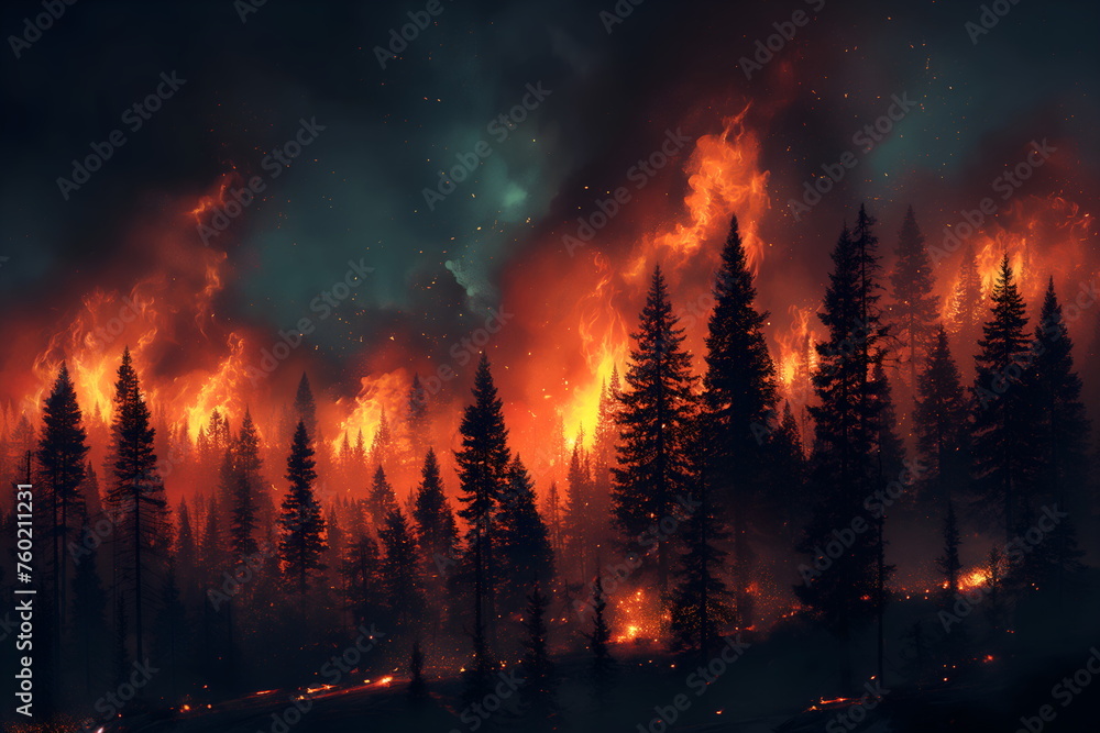 A forest on fire, the burning trees in flames. Orange and red hues against black night sky. Large scale natural disaster. Night sky. Fiery landscape