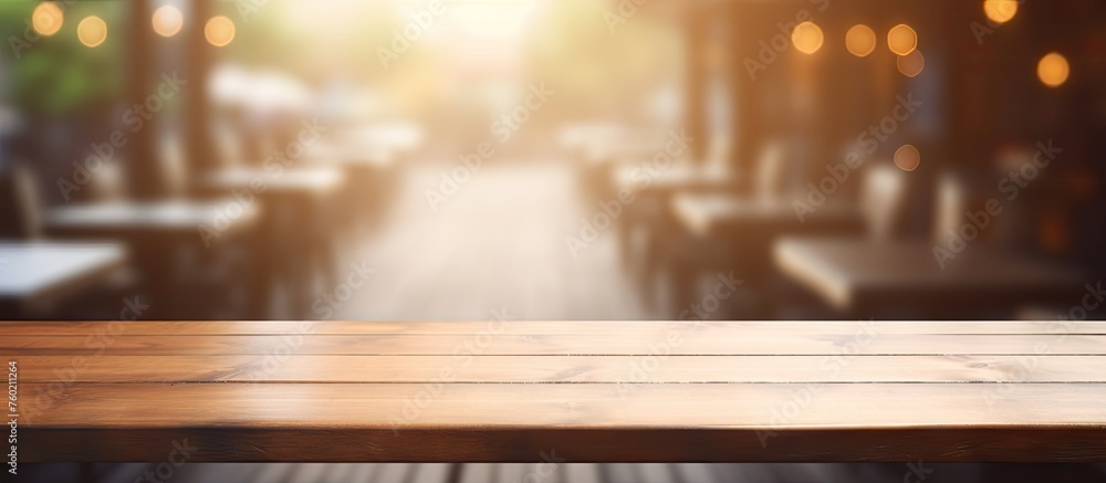 Rustic Wooden Tabletop Amidst Blurred Restaurant Ambiance, Perfect for Dining Concepts