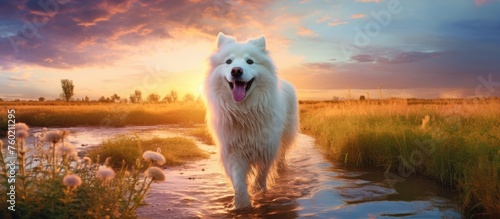 Lively Canine Strolls Across Waterlogged Field Amidst Glorious Sunshine After Rain