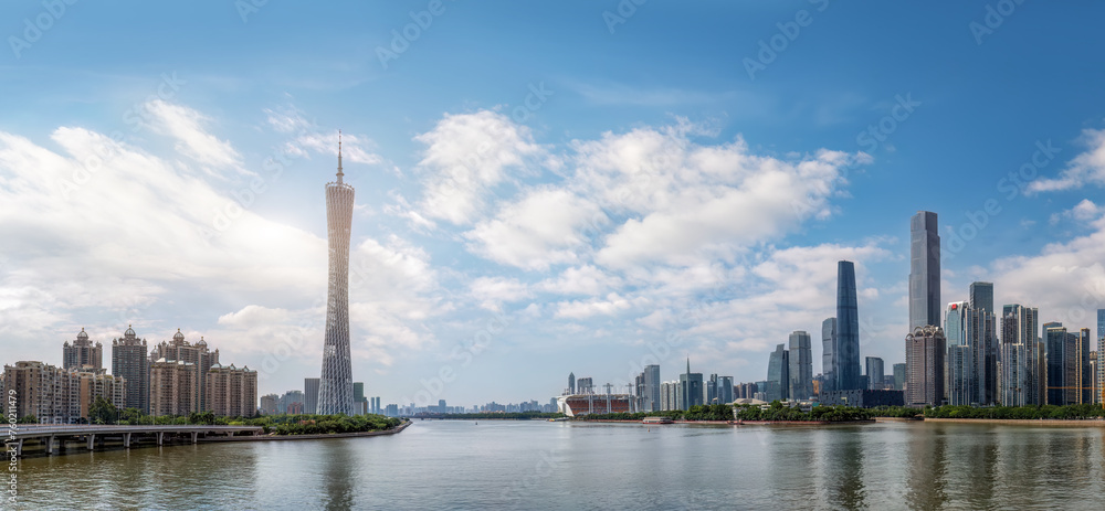 Modern Guangzhou City Skyline with Clear Blue Sky