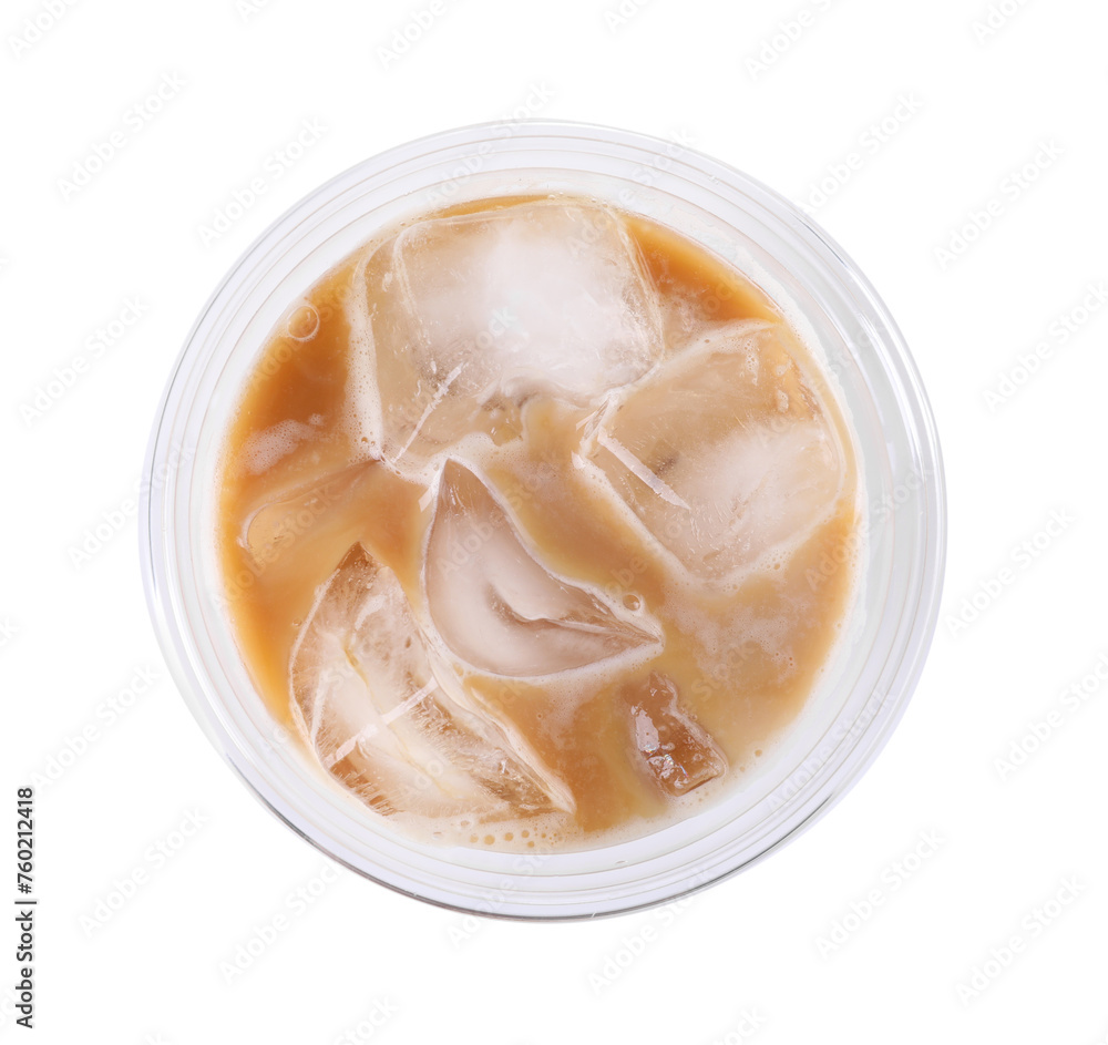 Plastic cup of fresh iced coffee isolated on white, top view Plastic cup of fresh iced coffee isolated on white, top view