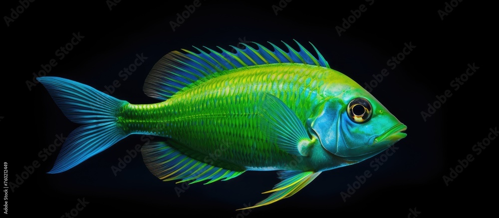 Fototapeta premium Vibrant Green Fish in Aquatic Elegance Against a Dark Background