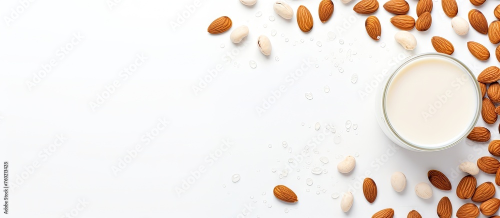 Obraz premium Healthy Breakfast Concept: Fresh Almonds and Almond Milk on a Clean White Background