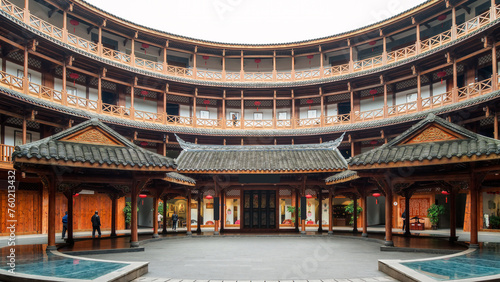 Traditional Chinese Tulou Circular Courtyard at Dusk