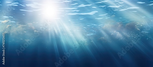 Vibrant Underwater Scene with Sun Rays Beaming Down on Colorful Coral Reef and Marine Life