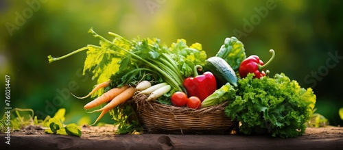 Fresh Organic Harvest: Vibrant Basket of Colorful Vegetables on a Rustic Wooden Table