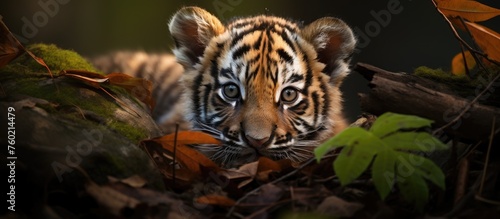 Curious Tiger Cub Explores Lush Forest Habitat in Natural Wilderness Setting © Ilgun