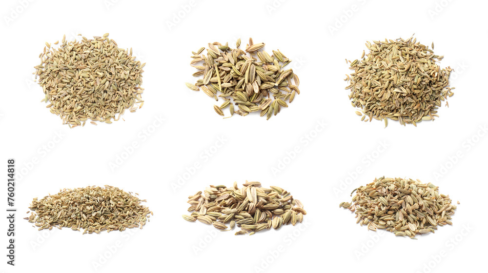 Dry fennel seeds isolated on white, top and side views Dry fennel seeds isolated on white, top and side views
