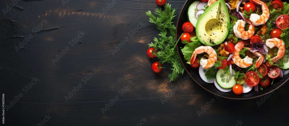 Vibrant Shrimp Salad Platter with Fresh Tomatoes, Cucumbers, and Avocado Slices