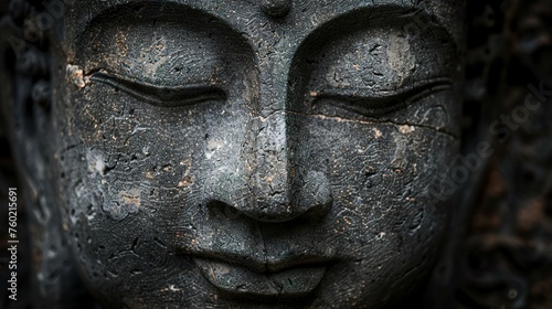 A Buddha face carved in stone radiates serenity and tranquility  with soft features and a serene expression. The sculpture captures the essence of Buddhist spirituality.