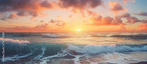 Panoramic View of Serene Seaside Beach with Cresting Waves under Clear Blue Sky