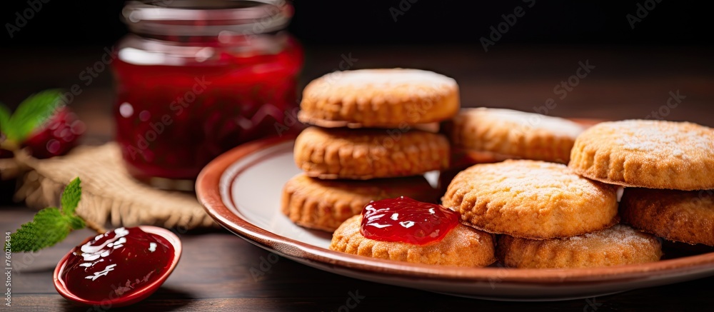 Homemade Sweet Treats: A Plate of Delicious Cookies Topped with Flavorful Jam
