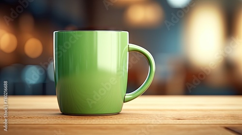 Serene Morning Moment with a Green Coffee Mug on Rustic Wooden Table
