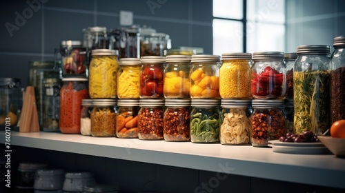 A Variety of Colorful Preserved Foods Organized on Rustic Wooden Shelves