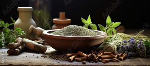 Aromatic Herbs and Traditional Mortar on Wooden Table in Kitchen Preparation Scene