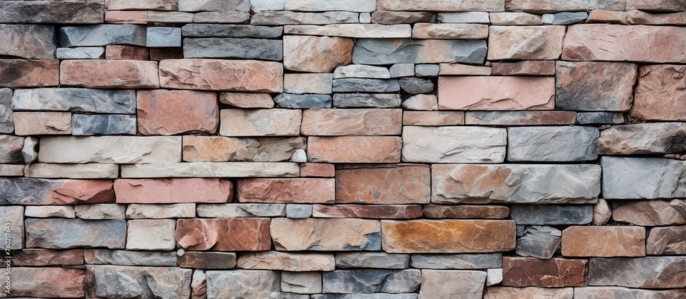 Rustic Stone Wall Featuring Intricate Arrangement of Earthy Brown and Cool Blue Stones