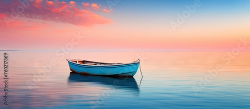 Serene Boat Drifting on Calm Ocean Waters as the Sun Sets in the Horizon