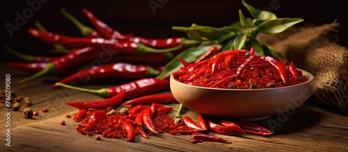 Fiery Red Chilis Piled in a Rustic Bowl on a Weathered Wooden Table